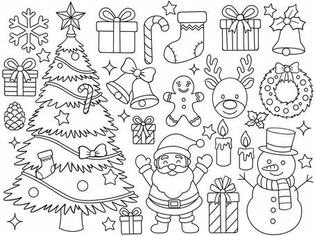 クリスマス2 ぬり絵,手書き,線画,白黒,塗り絵,ぬりえ,クリスマス,複数,ツリー,サンタクロースのイラスト素材