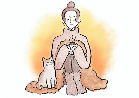 温活中の女性 ぽかぽか温まる 温活,女性,リラックス,温める,手描き,おしゃれ,水彩,インク,猫,ポカポカのイラスト素材