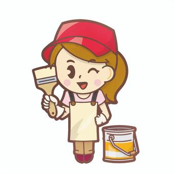 刷毛を持つ女性 女性,全身,デフォルメ,塗料,ペンキ,刷毛,帽子のイラスト素材
