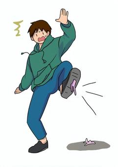 道に捨てられたガムを踏んでしまった青年 人物,全身,青年,茶髪,私服,ラフな格好,パーカー,緑,ズボン,靴のイラスト素材
