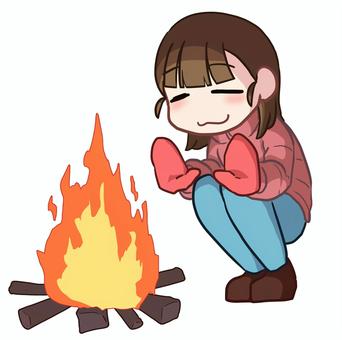 焚火で温まる女性 人物,生活,全身,女性,焚火,温まる,かがむ,手袋,ダウンジャケット,秋のイラスト素材