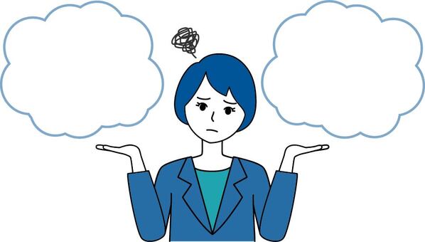 比較する困り顔のスーツ姿の女性 女性,比較,比べる,スペース,フキダシ,空欄,吹き出し,2択,両手,選ぶのイラスト素材