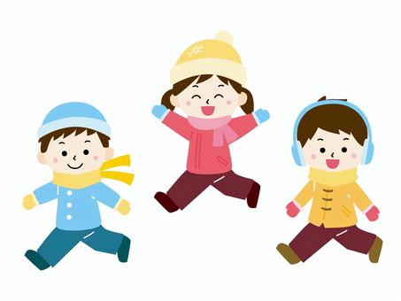冬にはしゃぐ子どもたちのイラスト 子ども,小学生,幼い,友達,仲間,兄弟,三人組,仲良し,人物,全身のイラスト素材