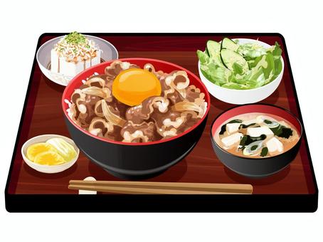卵のせ牛丼定食 牛丼,卵,定食,料理,食べ物,丼物,牛肉,味噌汁,ネギ,豆腐のイラスト素材