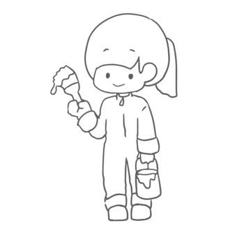 ペイントを楽しむ女の子（線画） 女の子,ペイント,diy,インテリア,ホームデコ,線画,手描き,ラフイラスト,趣味,ものづくりのイラスト素材