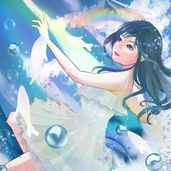 Illustration, mulher, mar, arco-íris, 