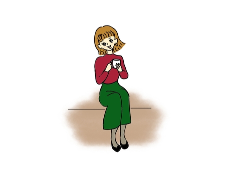 コーヒーを飲むひと コーヒー,女性,ひとやすみ,座る,秋服,ボブのイラスト素材