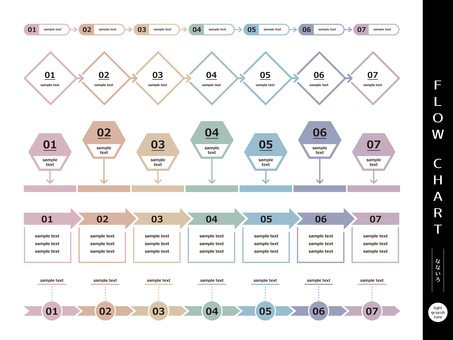 フローチャート ライトグレイッシュ フローチャート,インフォグラフィック,ライトグレイッシュトーン,七色,資料,図,セット,フレーム,枠,ビジネスのイラスト素材