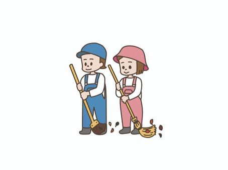 落ち葉はきをする男の子女の子 落ち葉はき,男の子,女の子,二人,箒,落ち葉,長靴,オーバーオール,帽子,清掃のイラスト素材