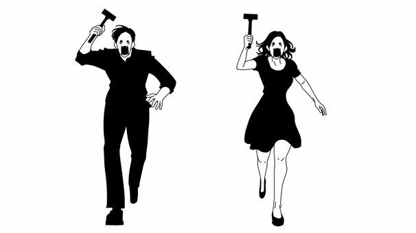 ハンマーを手に走る男女（狂人） 女性,男性,人物,狂人,暴漢,通り魔,不審者,異常者,走る,金槌のイラスト素材