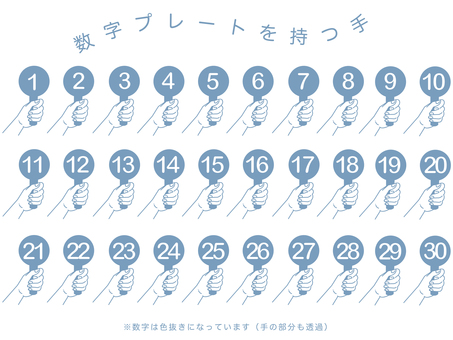 【数字】プレートを持つ手（ブルー） 数字,ナンバー,手,プレート,持つ,握る,掲げる,シンプル,フォント,白抜きのイラスト素材