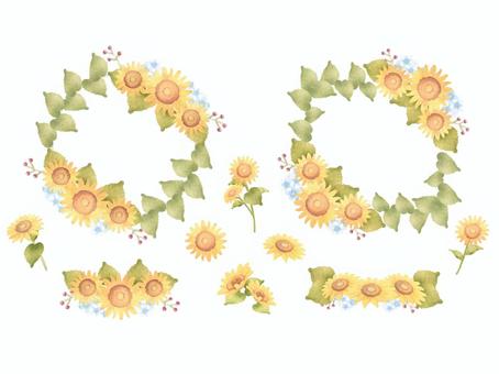 くすみひまわりフレームセット(文字なし) ひまわり,向日葵,夏,爽やか,リース,フレーム,おしゃれ,かわいい,可愛い,お花のイラスト素材
