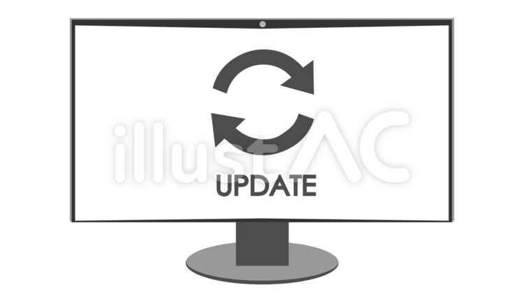 モニターに映るUPDATEのマーク、文字 update,更新,文字のイラスト素材