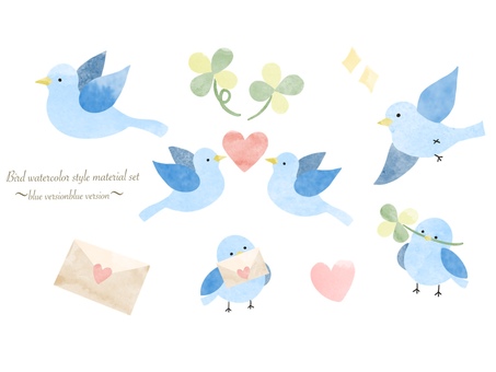 水彩風の可愛い鳥の素材セット(青い鳥) 鳥,可愛い,セット,水彩,動物,クローバー,ハート,手紙,飛ぶ,かわいいのイラスト素材