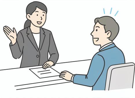 スーツの女性がビジネスマンに説明　カラー 説明,受付,窓口,会社員,ビジネス,サラリーマン,ビジネスマン,ポジティブ,チーム,同僚のイラスト素材