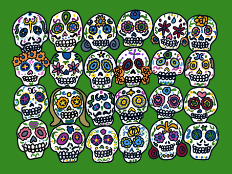 カラベラがいっぱい死者の日グリーン カラベラ,ガイコツ,死者,メキシコ,アミーゴ,祭り,花飾り,にぎやか,表情のイラスト素材