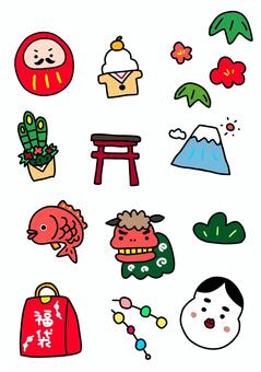 お正月　イラスト素材 正月,だるま,鏡餅,鳥居,福袋,松,梅,富士山,タイ,獅子舞のイラスト素材