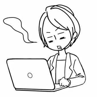 線画のパソコン作業に疲労困憊のOL 女性,疲れ目,パソコン,会社員,オフィス,データ入力,疲労,疲れ,線画,終わらないのイラスト素材