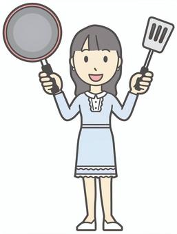  ワンピースお嬢様-419-全身 フライパン,お嬢様,女性,女の子,オシャレ,ワンピース,人物,かわいい,料理,家事のイラスト素材