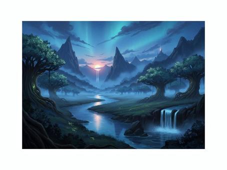 幻想的な森と夕暮れのファンタジー風景