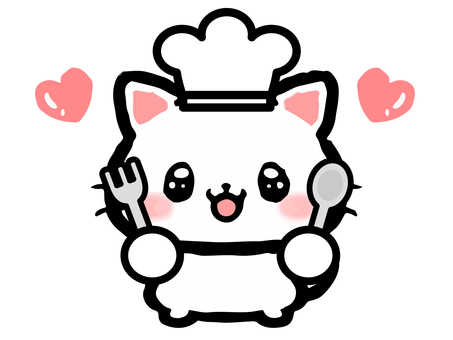 白猫シェフの落書き風イラスト素材 猫,白猫,コック帽子,シェフ,スプーン,フォーク,食事,動物,生き物,ペットのイラスト素材