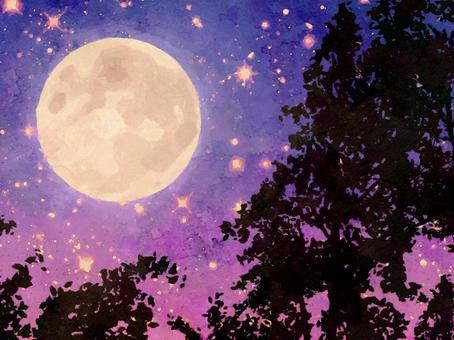 Hand-painted watercolor moon and tree, month, night, watercolor, JPG