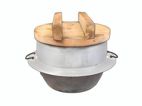 昭和レトロっぽい新米の炊飯に使う羽釜 羽釜,炊飯,鉄,蓋,煮炊き,昭和レトロ,調理器具のイラスト素材