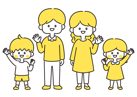 手を挙げる4人家族_全身（黄色） 家族,親子,バイバイ,挙手,パー,全身,お父さん,お母さん,子ども,両親のイラスト素材