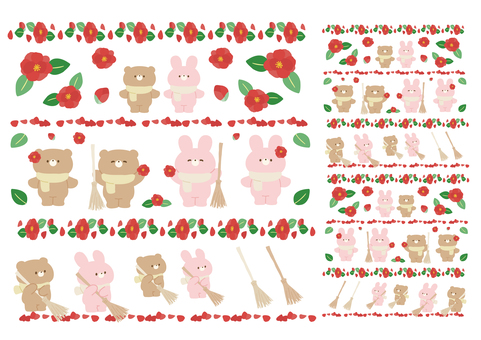 A4:くまとうさぎのサザンカ咲いたよ くま,うさぎ,動物,サザンカ,秋,花,植物,葉っぱ,季節,箒のイラスト素材
