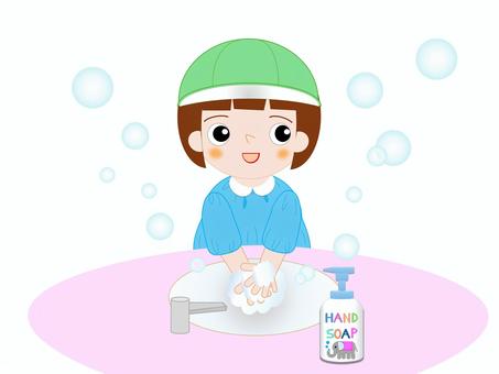 手を洗う幼稚園児 手洗い,ハンドソープ,幼稚園児,感染予防,衛生のイラスト素材