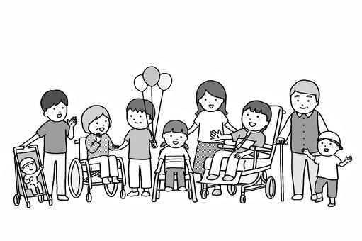 多様なコミュニティ2 共生,多様性,ダイバーシティ,車いす,子ども,高齢者,リクライニング車椅子,家族,仲間,障害のイラスト素材