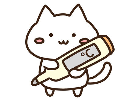体温計を持って検温測定を案内する白ねこ 体温計,検温,測定,案内,チェック,体調,管理,調べる,習慣,体温のイラスト素材