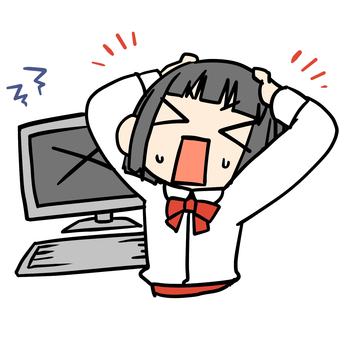パソコンがエラーで焦る少女 小学生,パソコン,エラー,焦る,デジタル,苦手,パニック,大変,やばい,壊すのイラスト素材
