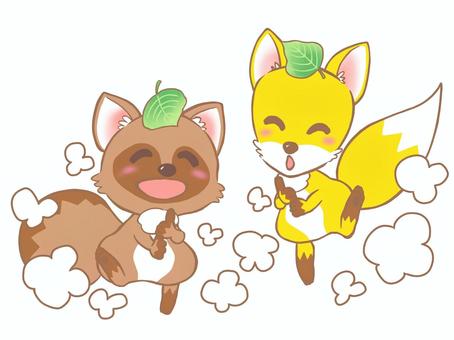 キツネとタヌキの化かし合い　ドロン キツネ,タヌキ,化かし合い,ことわざ,化ける,ドロンのイラスト素材