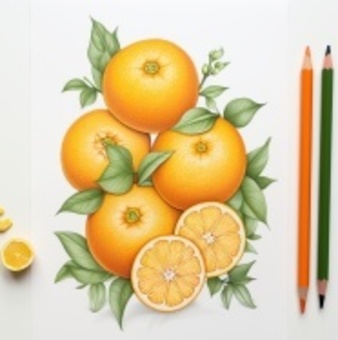 Illustration of a mandarin orange drawn with colored pencils, , JPG