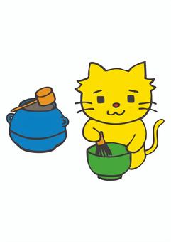 TE_C01_まっちゃをたてるねこ TE_C01_まっちゃをたてるねこ 猫,抹茶,茶道,茶筅,茶碗,お点前,和風,日本文化,てがきのイラスト素材