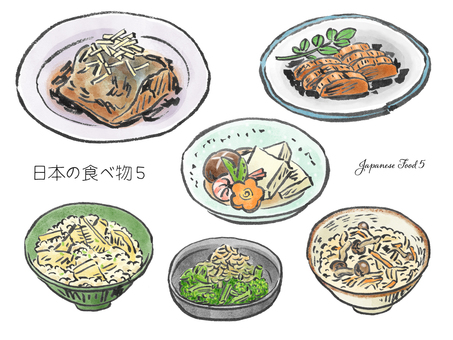 日本の食べ物５ 日本,食べ物,食事,ご飯,日本食,さばの味噌煮,奈良漬,高野豆腐,煮物,たけのこご飯のイラスト素材