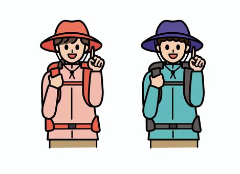 登山の恰好男女指さし　線＋塗 登山家,自然,登山,ハイキング,アウトドア,人,笑顔,男性,女性,帽子のイラスト素材