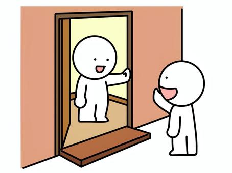 遊びに来た棒人間 訪ねる,訪問,棒人間,挨拶,笑顔,楽しい,玄関,家,住宅,歓迎のイラスト素材