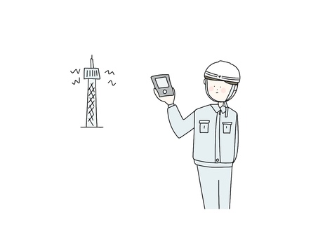 電波塔と電波測定器中の作業員の人物 電波塔,電波,通信,通信トラブル,障害,調査,電波測定器,作業員,作業員服,仕事のイラスト素材