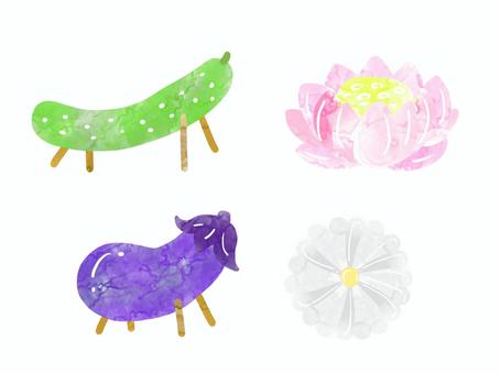お盆のお供えのセット お盆,お供え,落雁,きゅうり,ナス,菊,蓮,水彩タッチ,かわいい,夏のイラスト素材
