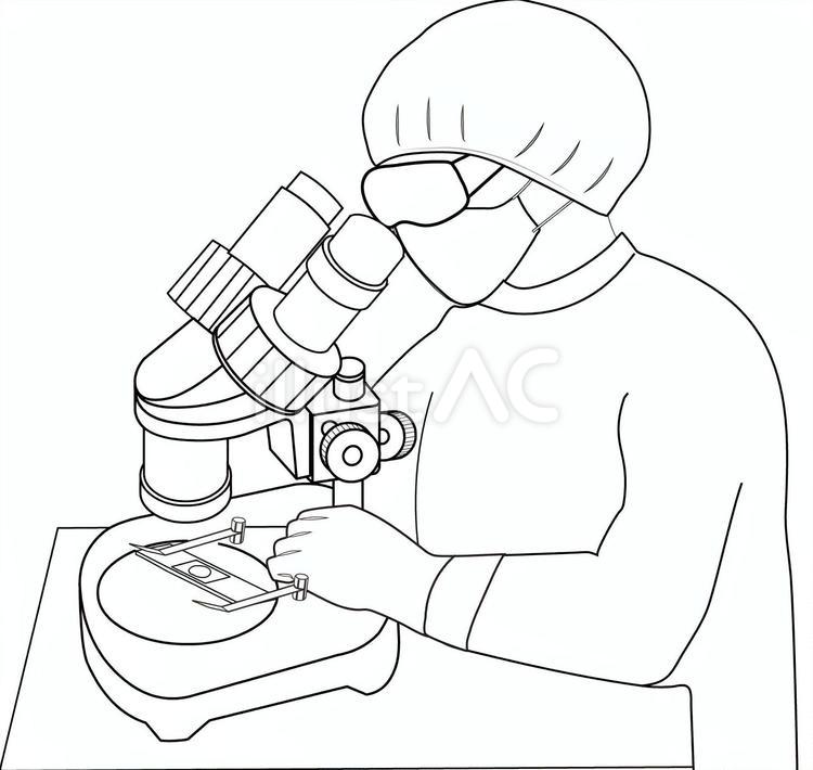 フェイスマスクで顕微鏡を覗く・白黒 医療用キャップ,安全眼鏡,ゴム手袋のイラスト素材