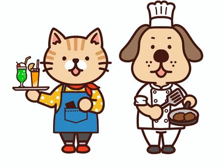 職業　シェフとカフェ店員 カフェ店員,シェフ,料理人,レストラン,喫茶店,ウェイター,メロンソーダ,オレンジジュース,エプロン,フライパンのイラスト素材