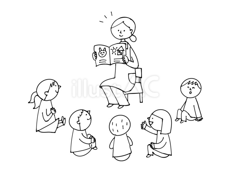 読み聞かせする保母さん（モノクロ線画） 幼稚園,保育園,読み聞かせのイラスト素材