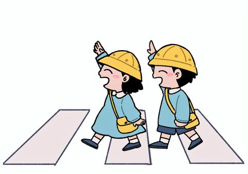 横断歩道をわたる園児 横断歩道,幼稚園児,通学路,全身,渡る,スモック,笑顔,二人のイラスト素材