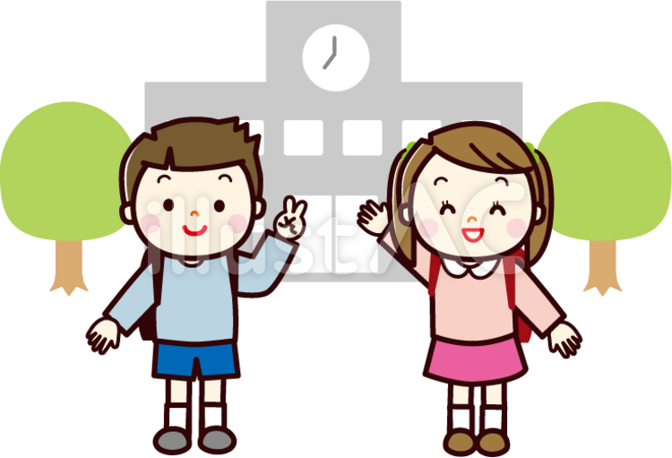 ランドセルを背負った小学生と校舎 小学生,子ども,ランドセルのイラスト素材