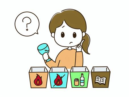 分別に迷う主婦 分別,ゴミ,捨てる,分ける,ゴミ箱,迷う,困る,わからない,主婦,ママのイラスト素材