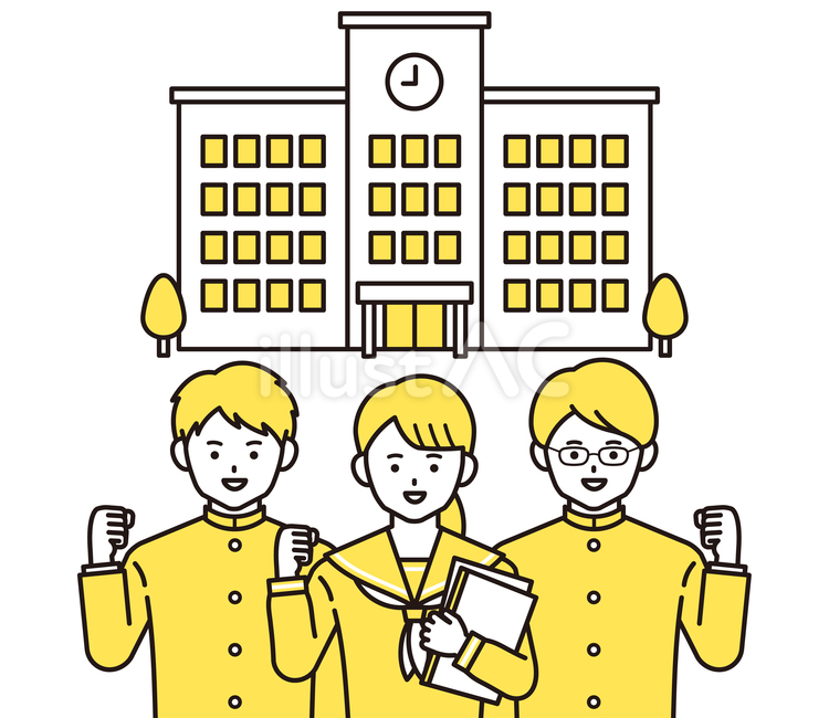 学校と制服の学生男女3人A（黄色） 学生,学校,中学校のイラスト素材