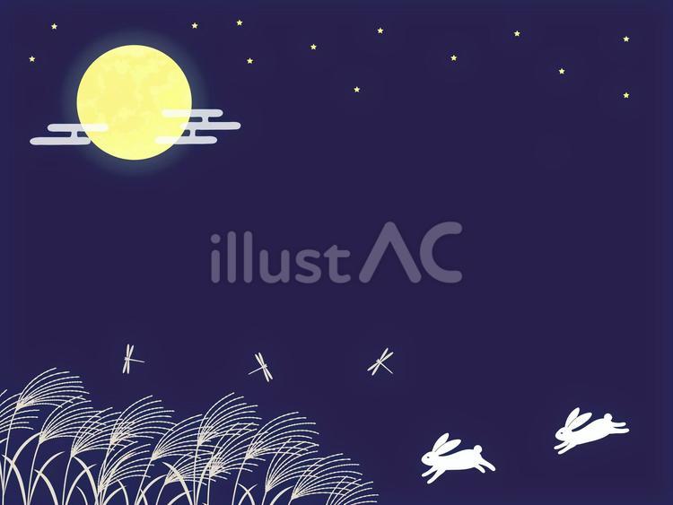 秋のお月見うさぎと満月のイラスト02 お月見,十五夜,中秋の名月のイラスト素材