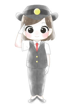女性駅員のかわいい水彩風イラスト 女子,女性,駅員,車掌,運転士,駅係員,かわいい,ちびキャラ,ミニキャラ,鉄道のイラスト素材